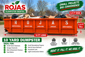 10 yard dumpster rental – 14 ft long, 6.5 ft wide and 3.5 ft tall