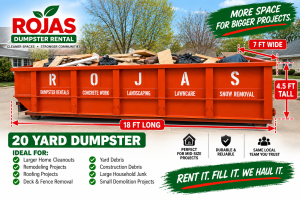 20 yard dumpster rental – 18 ft long, 7 ft wide and 4.5 ft tall