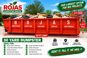 30 yard dumpster rental – 20 ft long, 8 ft wide and 5.5 ft tall
