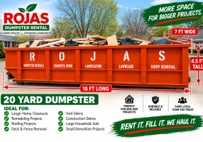 20 yard dumpster rental – 18 ft long, 7 ft wide and 4.5 ft tall